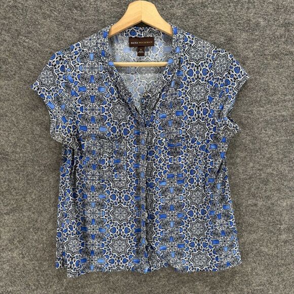 Dana Buchman Tops - Dana Buchman Shirt Women S Small Blue Geometric Button Up V-Neck Short Sleeve